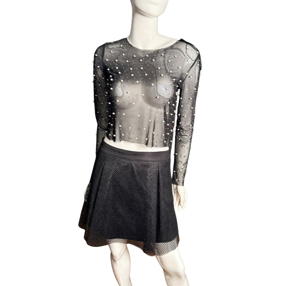 Thirty/Thirty LA Womens Black Sheer Mesh Pearl Embellished Crop Top Large